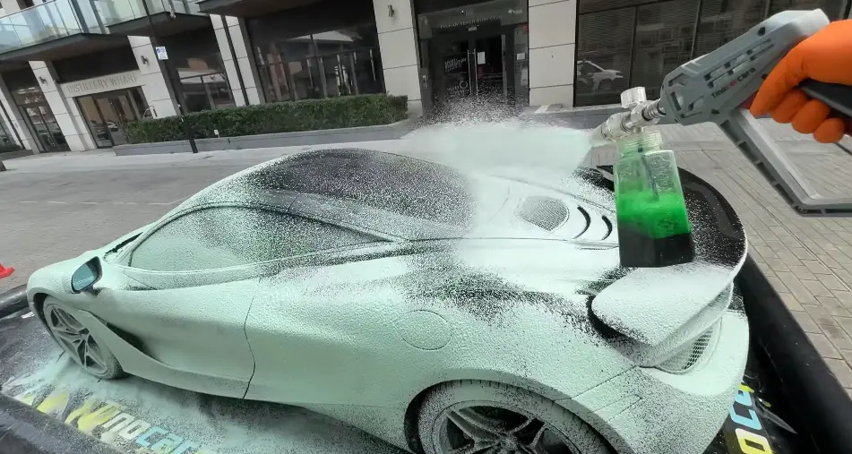 Professional car exterior wash with thick foam before detailing in Richmond, VA